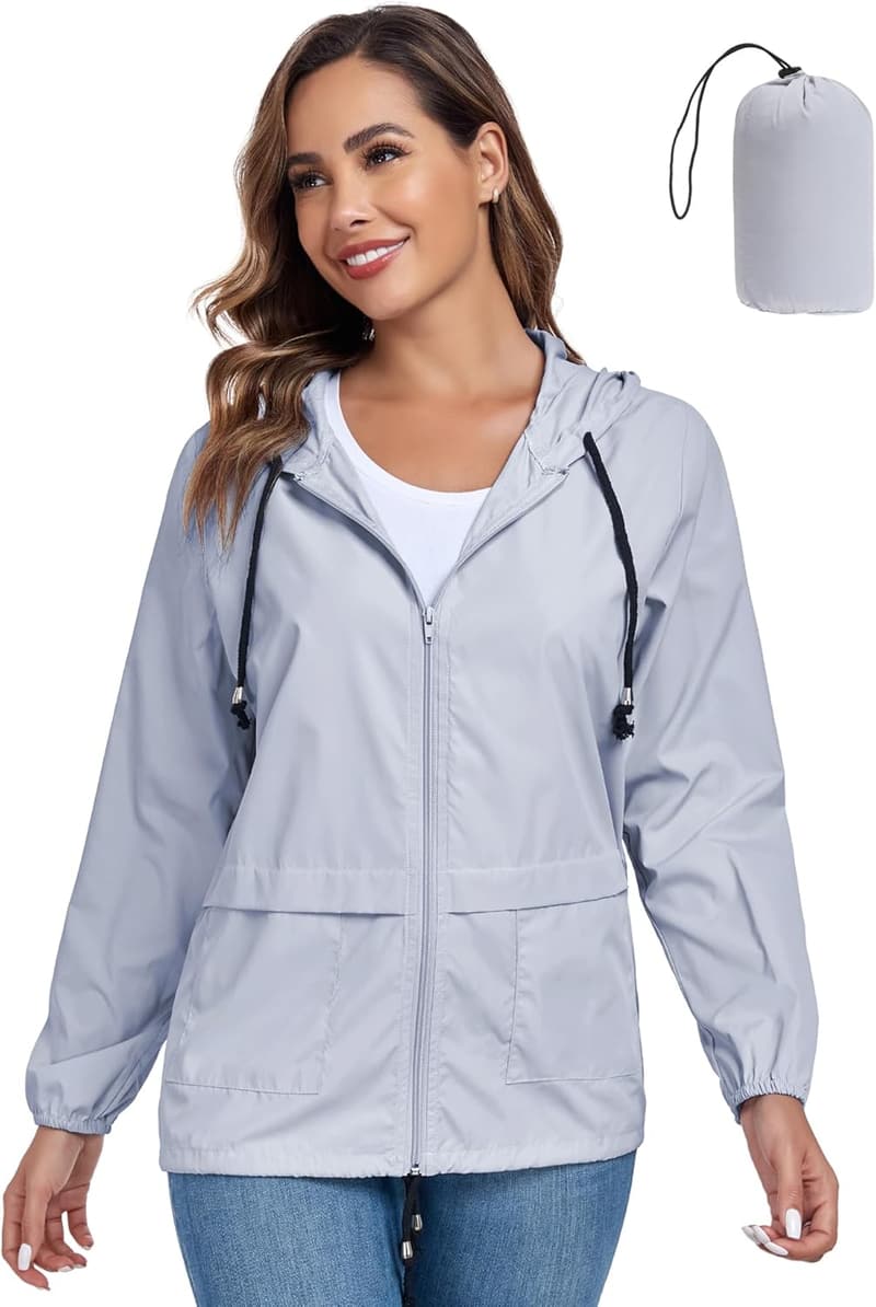Lightweight Waterproof Hooded Rain Jacket for Women