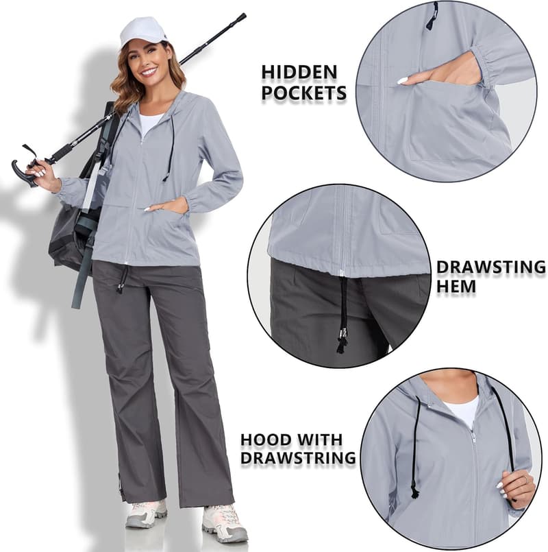 Lightweight Waterproof Hooded Rain Jacket for Women