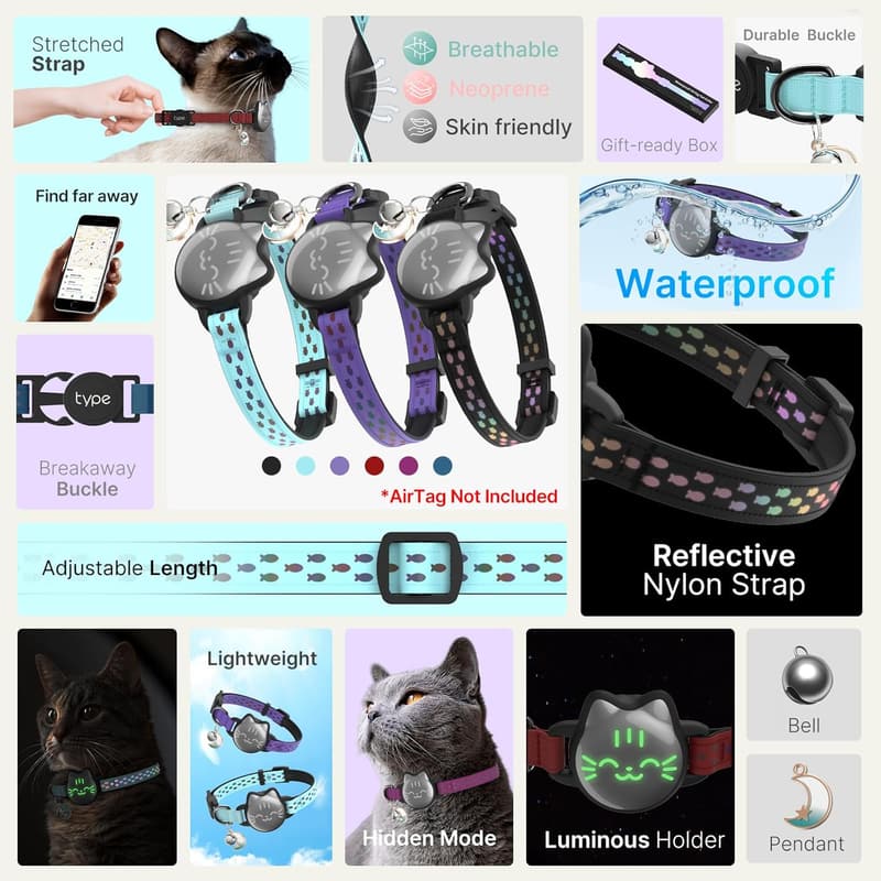 Lightweight Breakaway Airtag Cat Collar with Reflective Strap