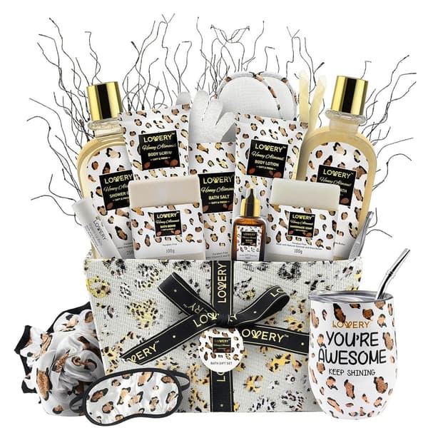Honey Almond Spa Kit - Bath Essentials Gift Basket in Leopard