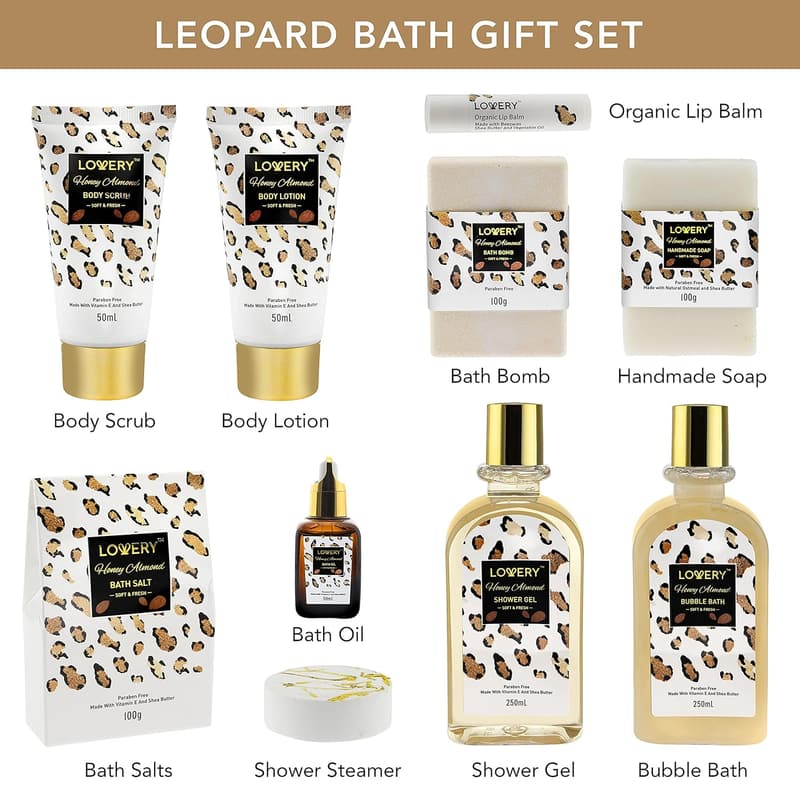 Honey Almond Spa Kit - Bath Essentials Gift Basket in Leopard