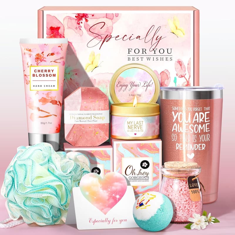 Birthday Gift Basket for Women - Rose Gold Tumbler, Candle, Spa Set
