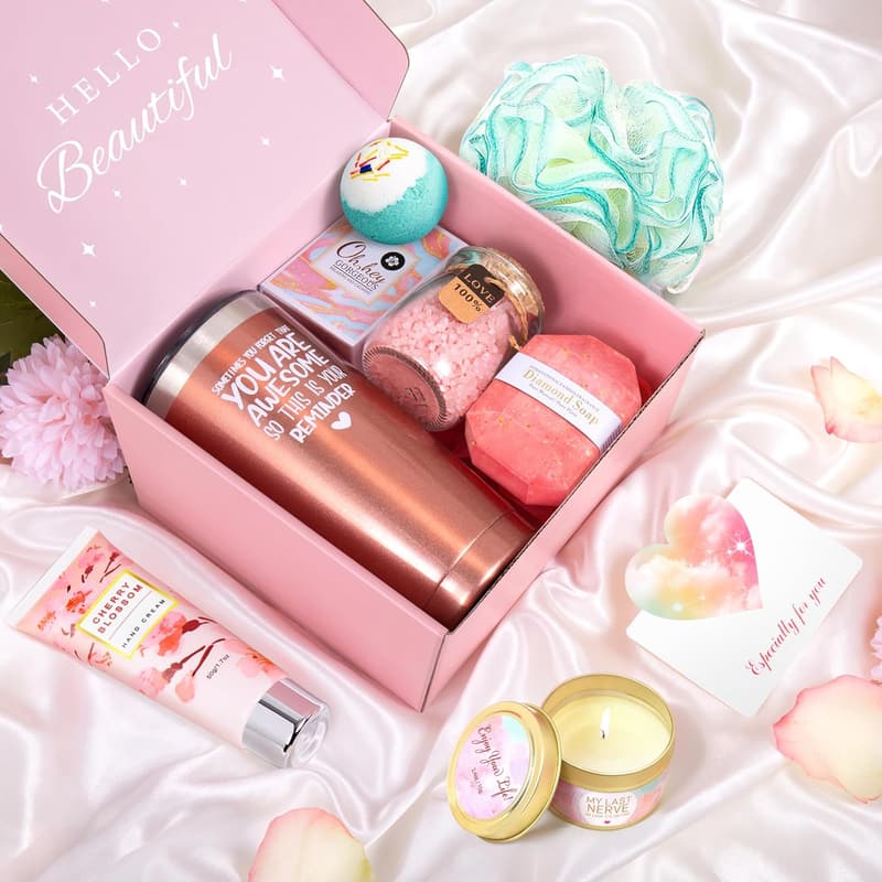 Birthday Gift Basket for Women - Rose Gold Tumbler, Candle, Spa Set