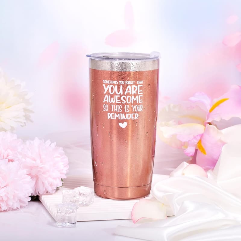 Birthday Gift Basket for Women - Rose Gold Tumbler, Candle, Spa Set
