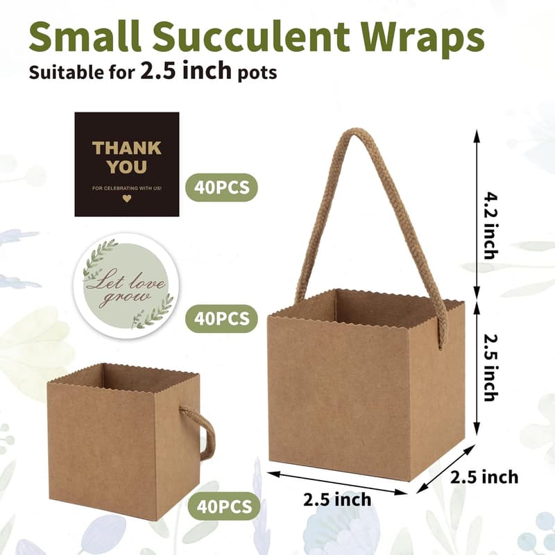 Succulent Gift Wrap Bags with Thank You Stickers - 40pcs