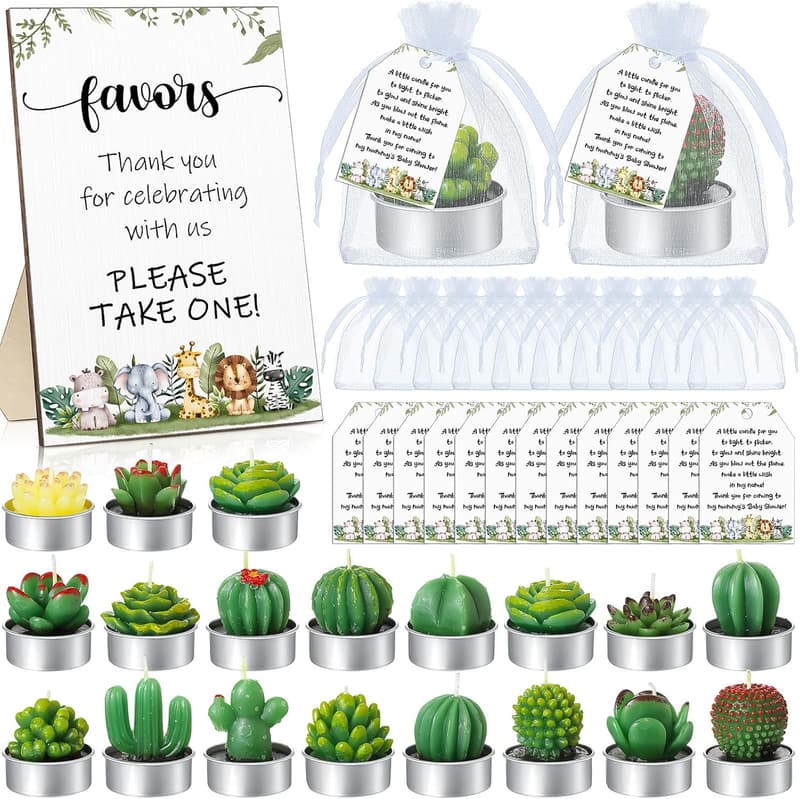 Baby Shower Succulent Candle Favors with Thank You Tags & Bags