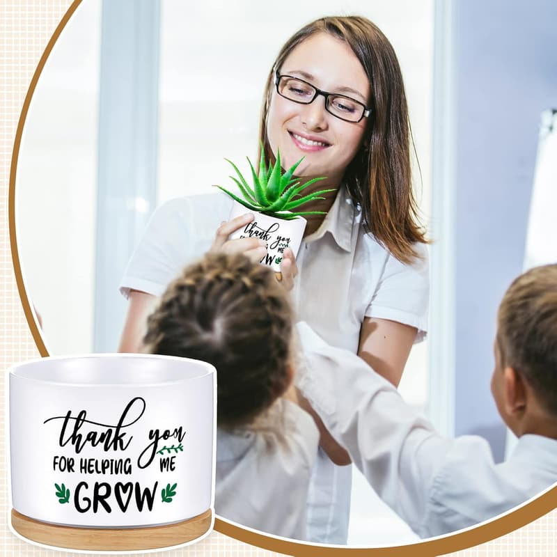 Teacher Appreciation Ceramic Succulent Pot with Bamboo Tray