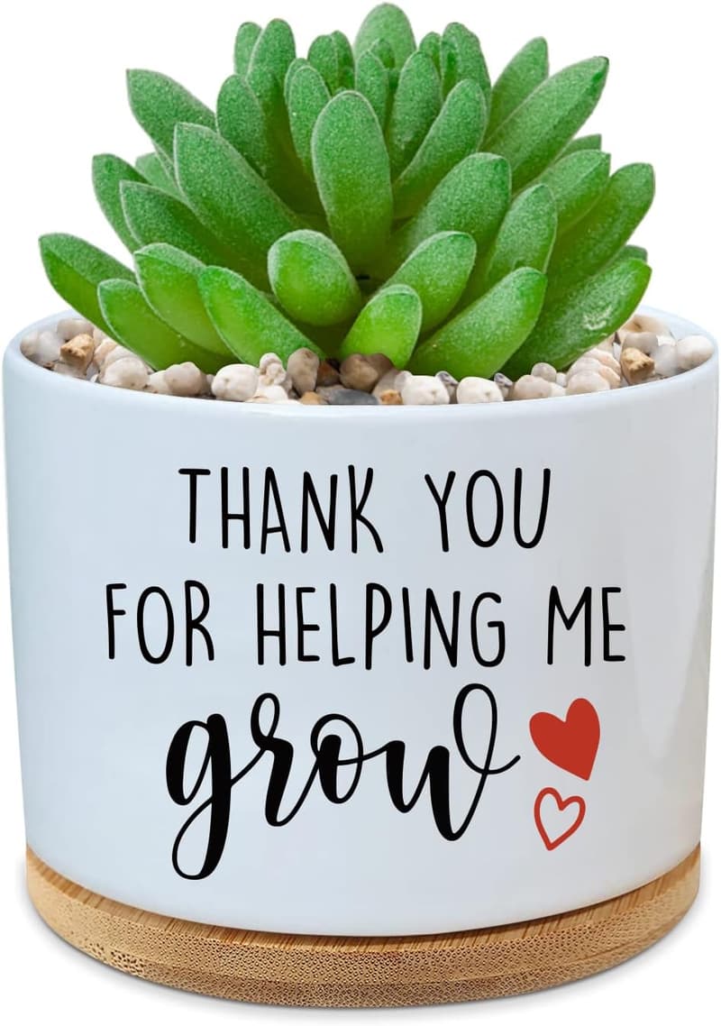 Thank You Ceramic Cactus Planter with Bamboo Saucers