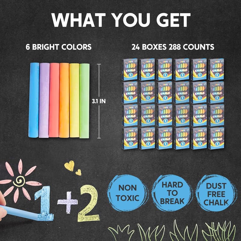 Mini Non-Toxic Chalk Set for Kids - 288 Count Classroom Supplies