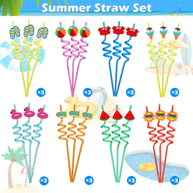 Summer Pool Party Straw Set – 24 Fun Colorful Straws for Kids