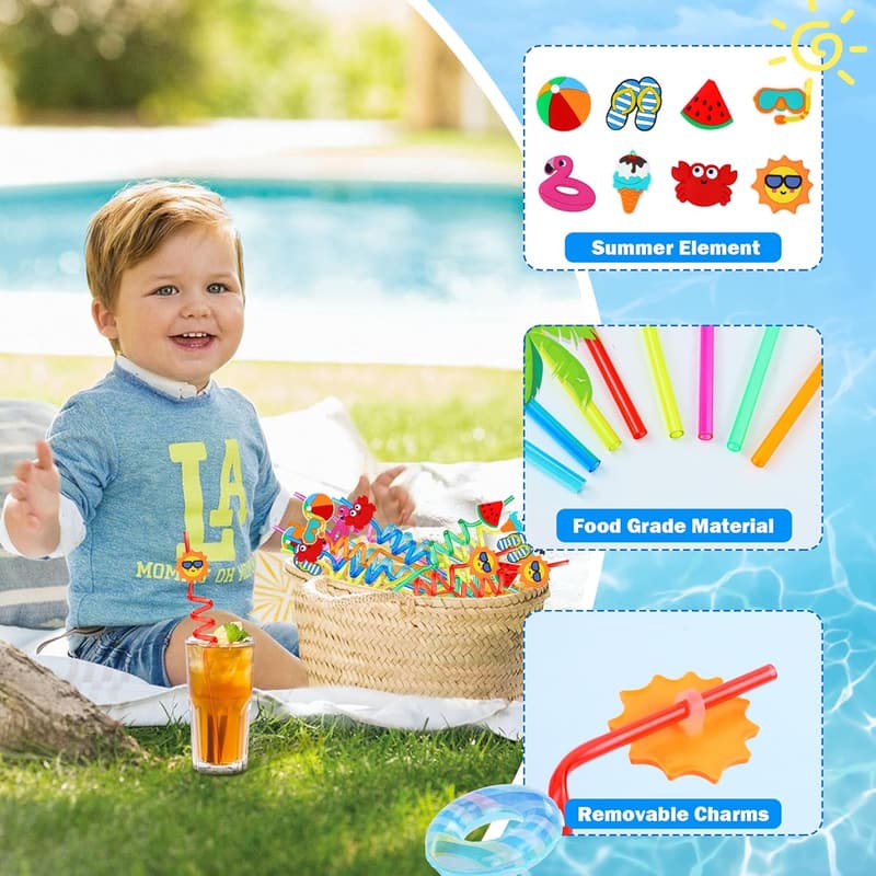 Summer Pool Party Straw Set – 24 Fun Colorful Straws for Kids