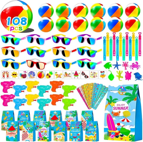 Pool Party Favors Set for Kids 3-12 - 108 Pcs Beach Toys