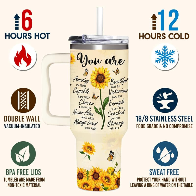 Sunflower Tumbler 40 oz - Christian Encouragement Gift for Women