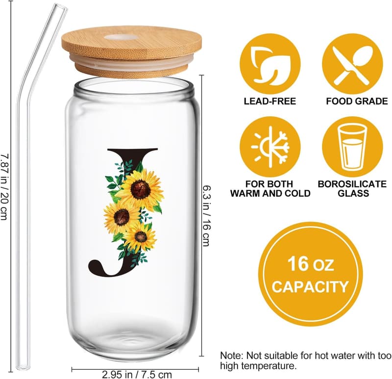 Personalized Sunflower Glass Tumbler with Straw for Her Birthday
