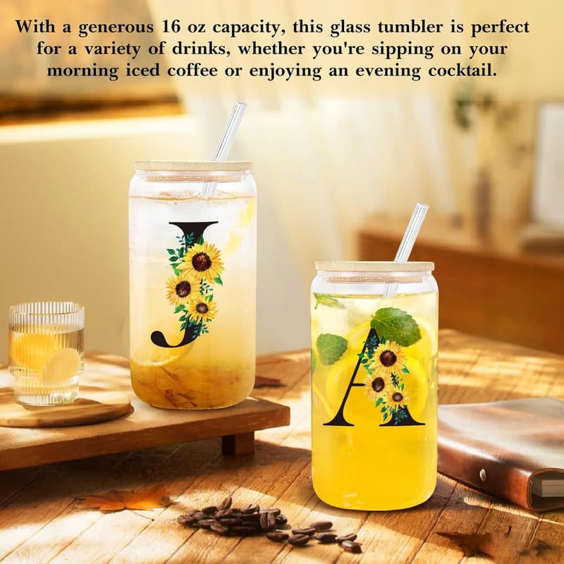 Personalized Sunflower Glass Tumbler with Straw for Her Birthday