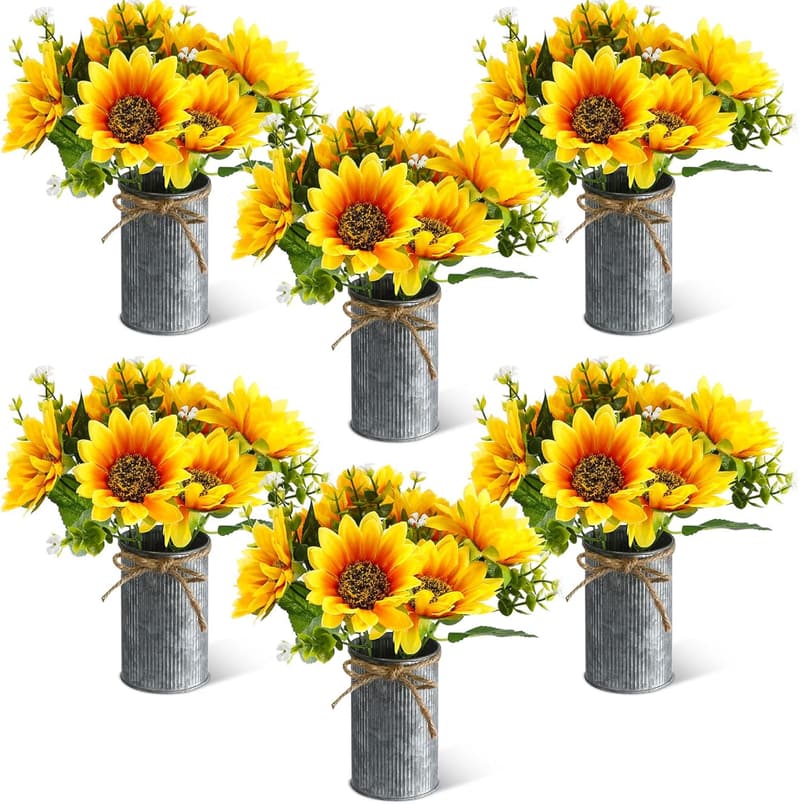 Summer Sunflower Centerpieces - 6 Sets Rustic Faux Flowers in Metal Pots