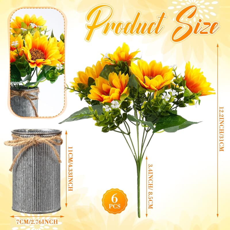 Summer Sunflower Centerpieces - 6 Sets Rustic Faux Flowers in Metal Pots