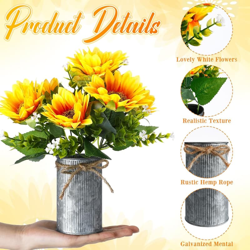 Summer Sunflower Centerpieces - 6 Sets Rustic Faux Flowers in Metal Pots