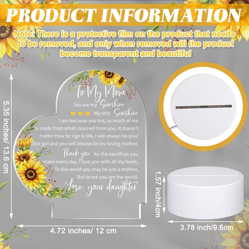 Engraved Acrylic Heart Lamp for Mom - Sunflower Night Light