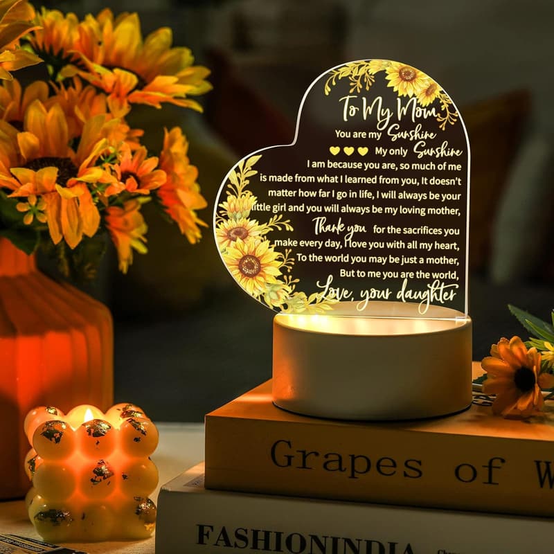 Engraved Acrylic Heart Lamp for Mom - Sunflower Night Light