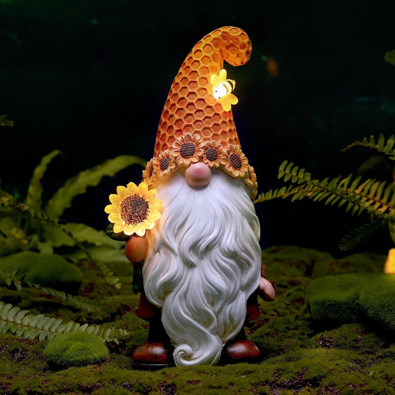 Sunflower Garden Gnome Statue with Solar LED Lights - Perfect for Mother's Day