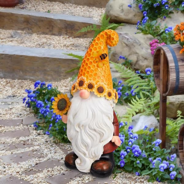 Sunflower Garden Gnome Statue with Solar LED Lights - Perfect for Mother's Day