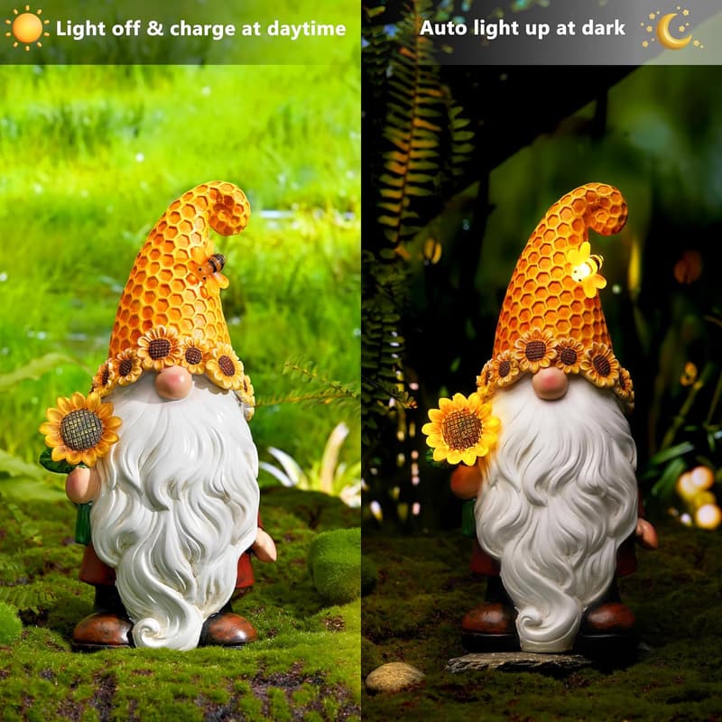 Sunflower Garden Gnome Statue with Solar LED Lights - Perfect for Mother's Day