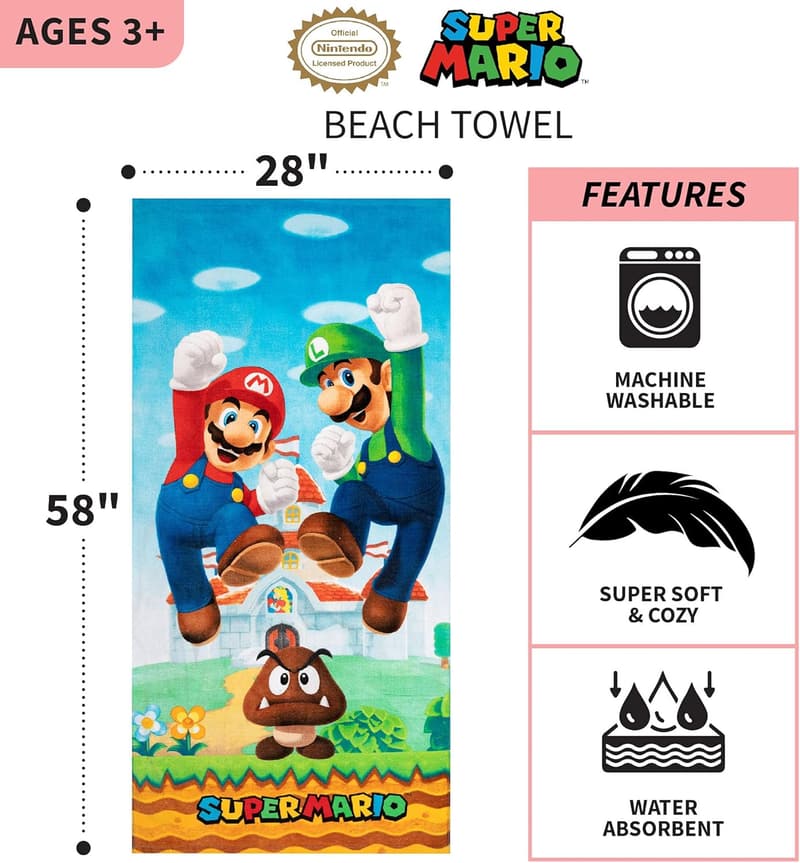 Super Mario Kids Bath Towel - Soft Cotton, 58