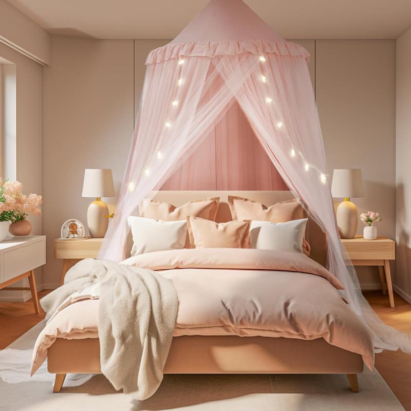 Pink Double Layer Bed Canopy with Star Lights for Girls
