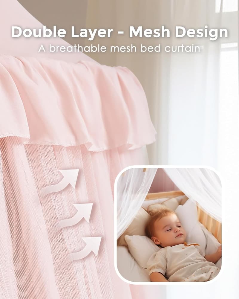 Pink Double Layer Bed Canopy with Star Lights for Girls