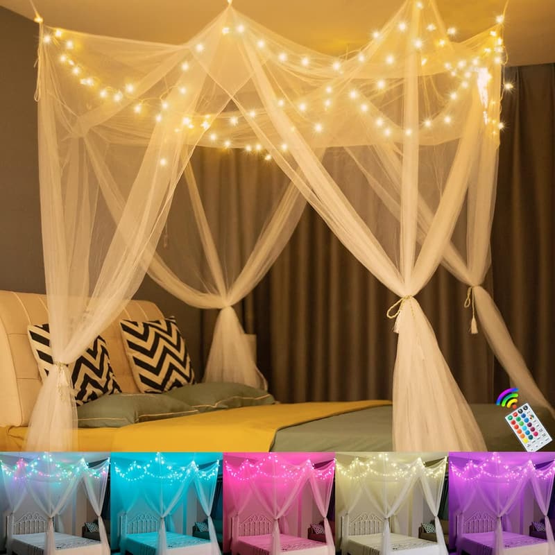 Girls' White Bed Canopy with Color-Changing LED Lights