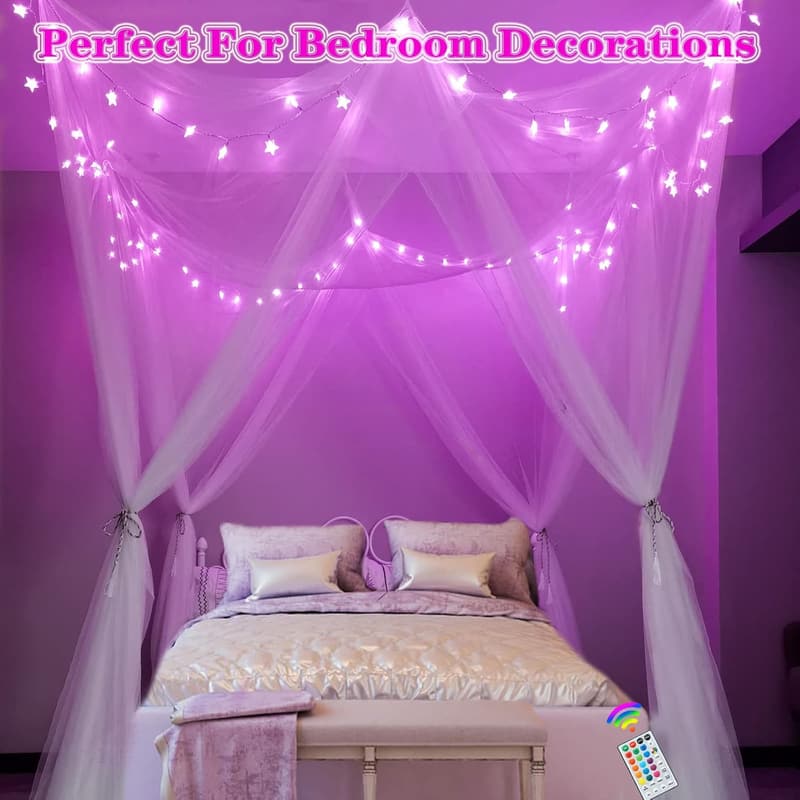 Girls' White Bed Canopy with Color-Changing LED Lights