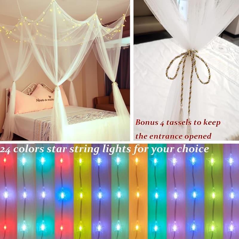 Girls' White Bed Canopy with Color-Changing LED Lights