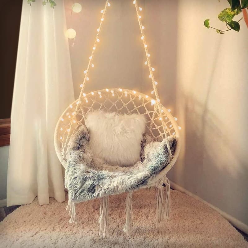 Macrame Hammock Chair Swing with LED Lights - 550LB Capacity