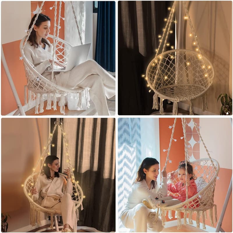 Macrame Hammock Chair Swing with LED Lights - 550LB Capacity