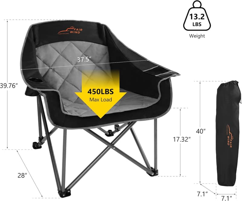 Heavy-Duty Portable Quad-Fold Camping Chair, Supports 450LBS