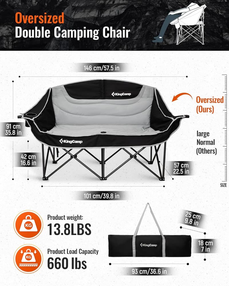 Oversized Heavy Duty Double Camping Chair with Cup Holder