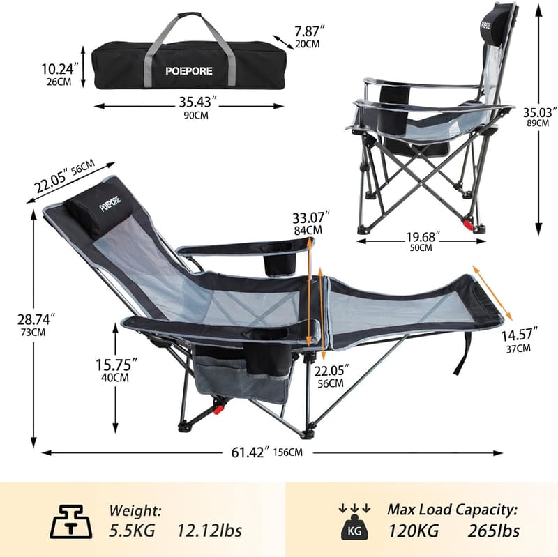 Portable Reclining Camping Chair with Headrest and Footrest
