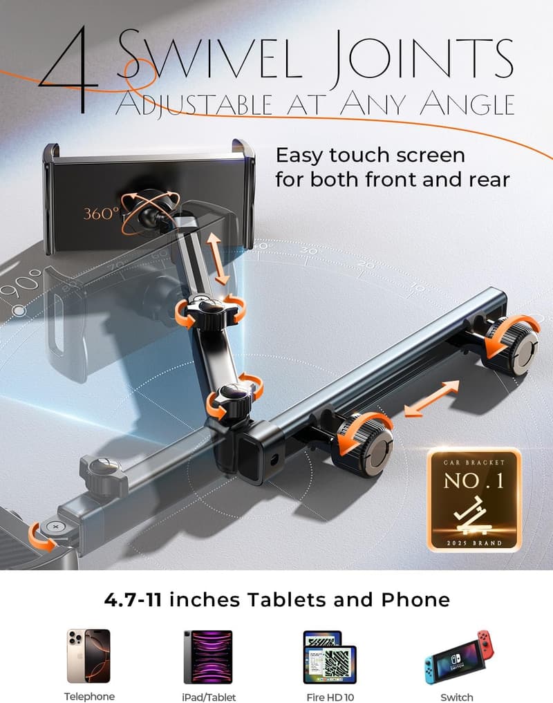 Backseat Tablet Holder for Car - 3-in-1 iPad Mount for Kids