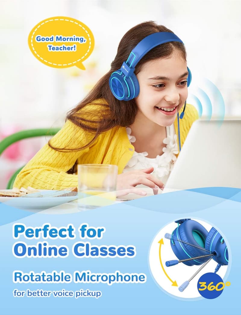 Volume-Safe Kids Headphones with Rotatable Mic for Virtual School
