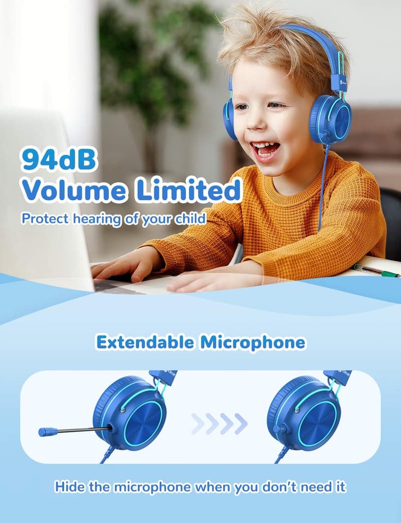 Volume-Safe Kids Headphones with Rotatable Mic for Virtual School