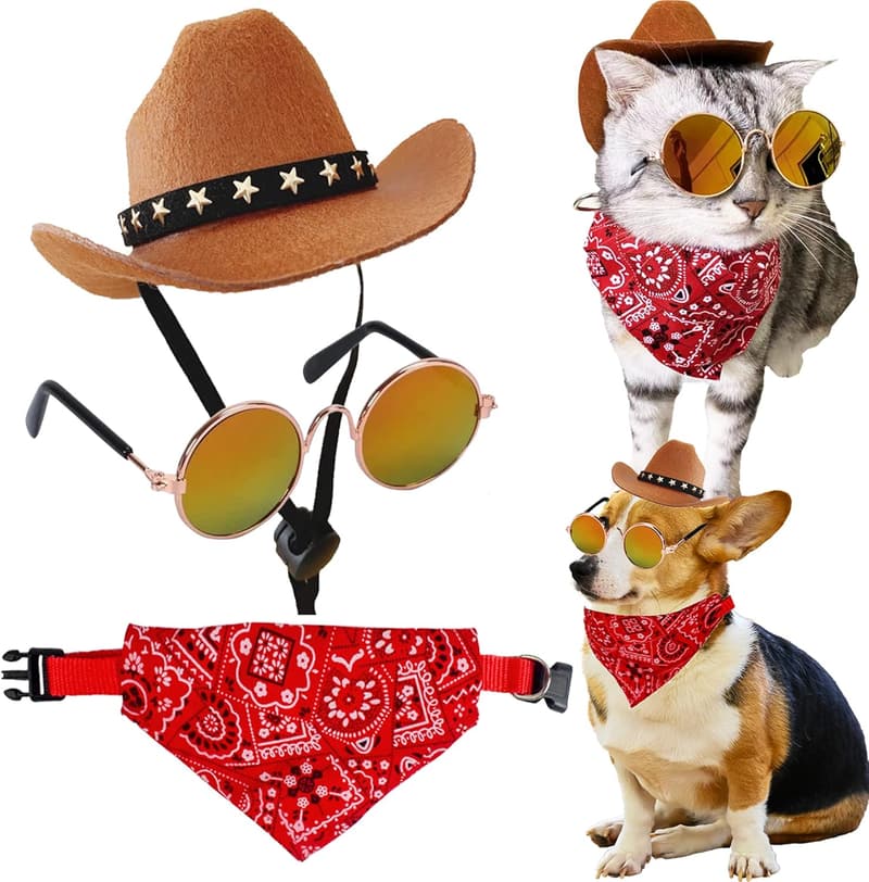 Pet Cowboy Costume Set: Bandanna, Hat & Sunglasses