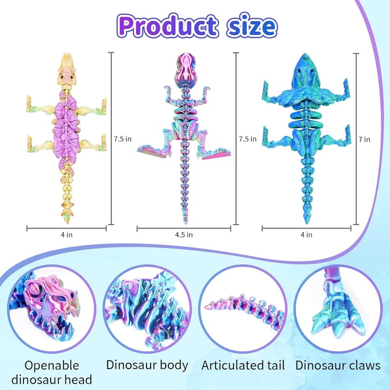 Dinosaur Flexible Fidget Toy Set - 3D Printed Desk Decor