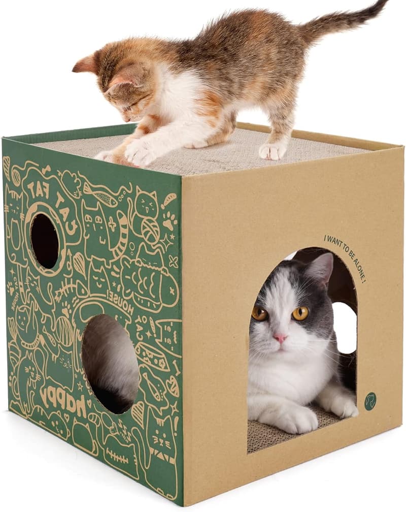 Indoor Cat Playhouse with 2-Story Scratch Pads - Corrugated Box