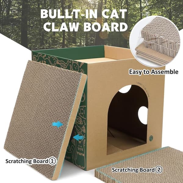Indoor Cat Playhouse with 2-Story Scratch Pads - Corrugated Box