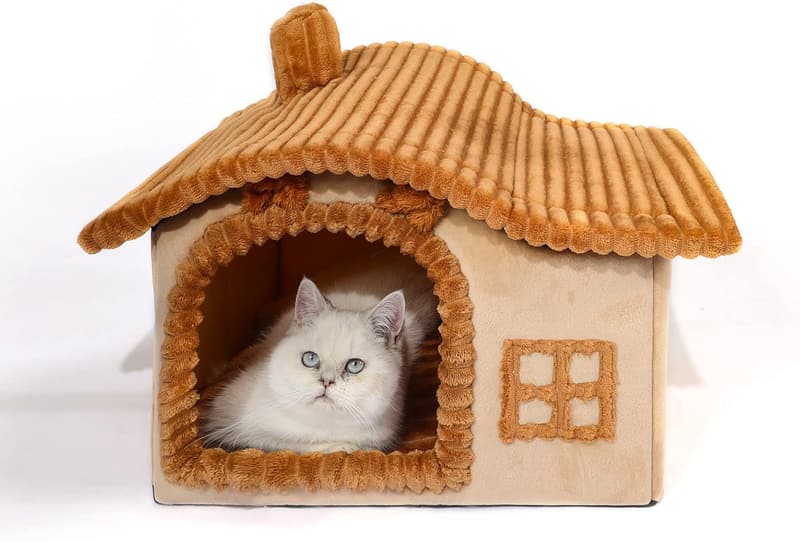Cute Brown Cat Bed Cave for Indoor Kittens up to 7 lbs