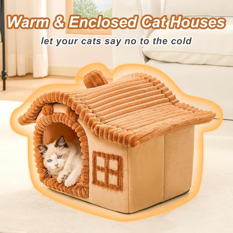 Cute Brown Cat Bed Cave for Indoor Kittens up to 7 lbs