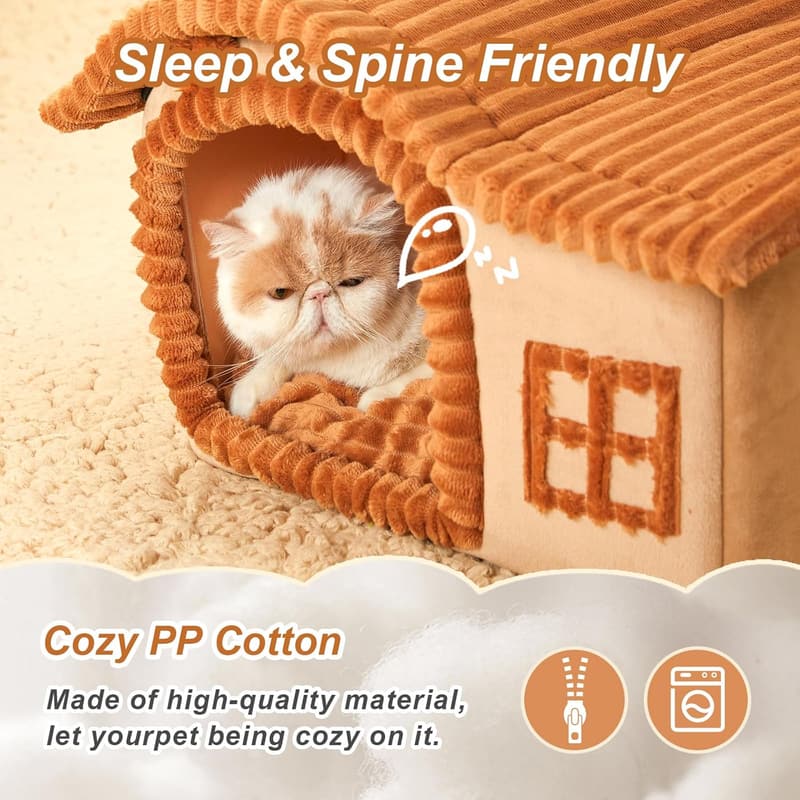 Cute Brown Cat Bed Cave for Indoor Kittens up to 7 lbs