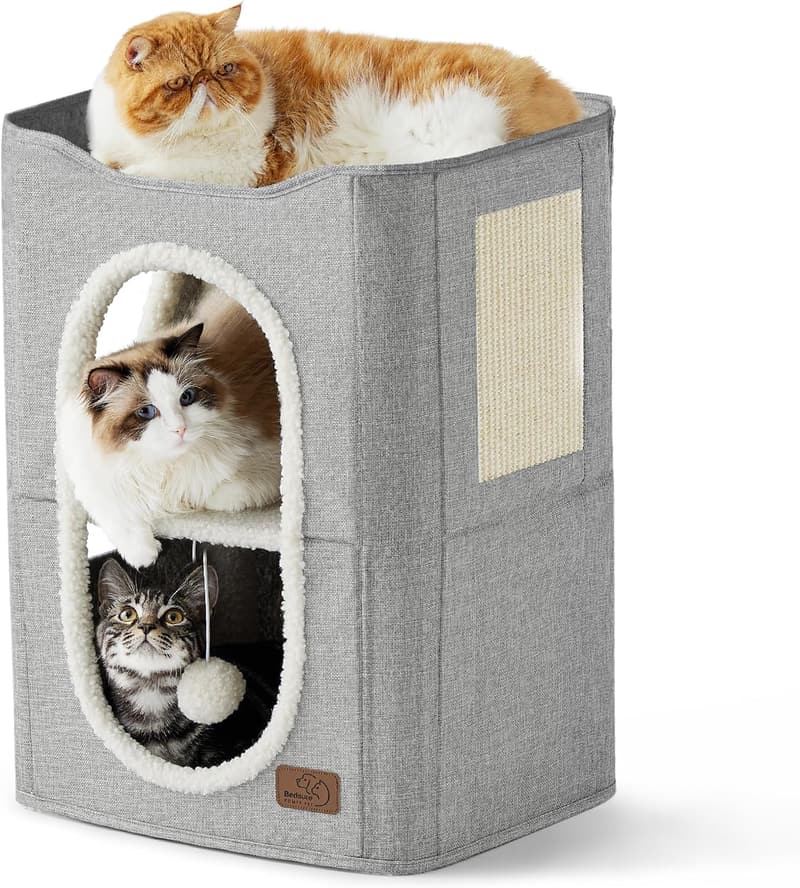 Indoor Cat Condo with Scratch Pad & Fluffy Ball - Grey