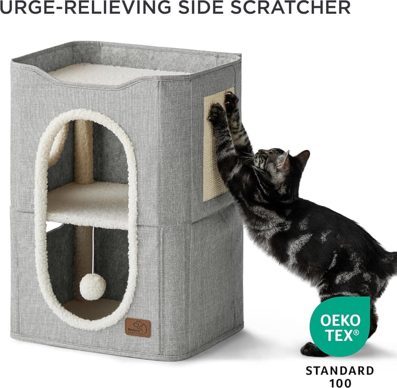 Indoor Cat Condo with Scratch Pad & Fluffy Ball - Grey